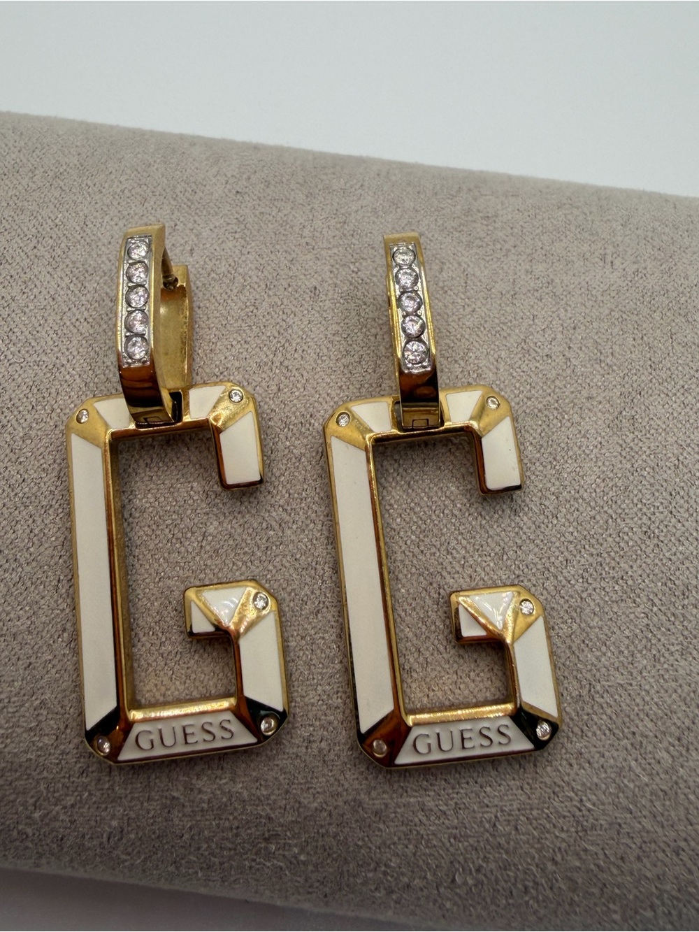 GUESS Gold and White Enamel G Drop Earrings with Crystals